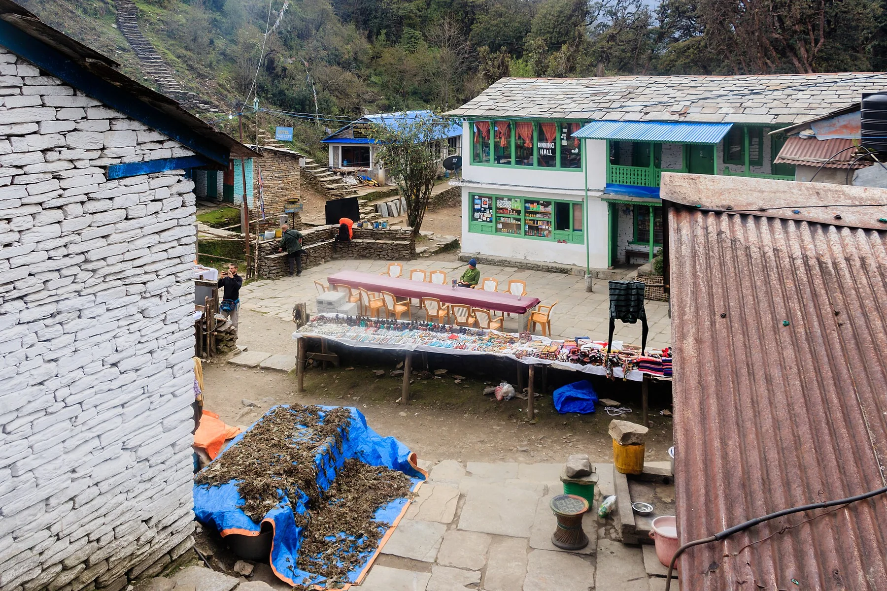 Tables beside stone and timber buildings in a Tadapani courtyard